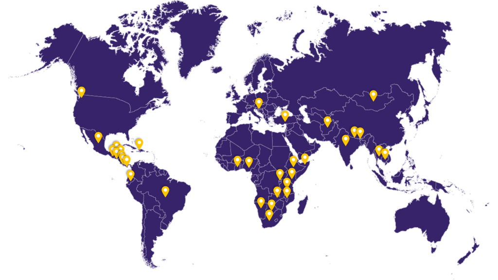 A map of the world with pins indicating the countries that UW-GAIN is active in.