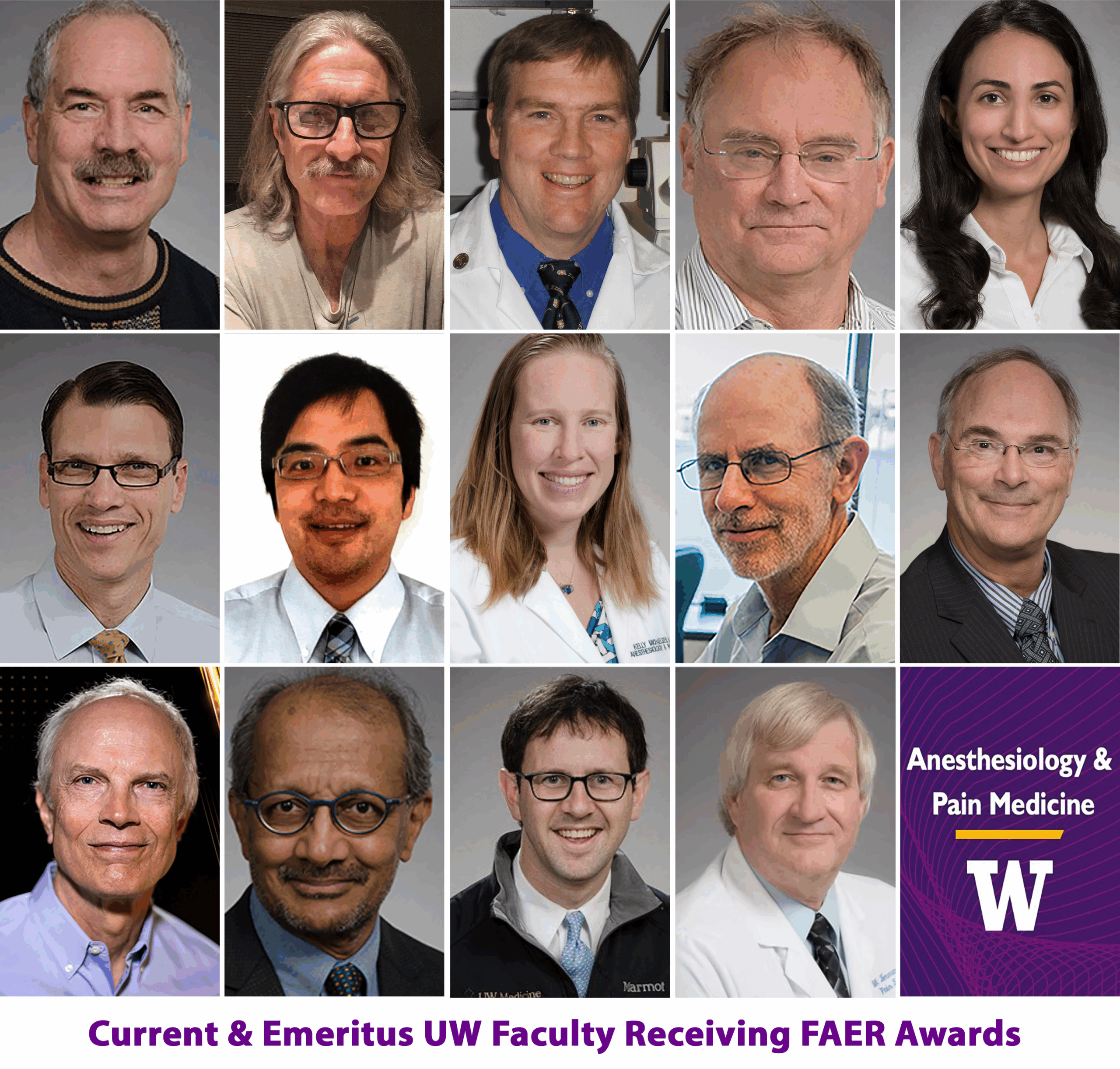 Collage of headshots of current and emeritus UW Anesthesiology & Pain Medicine faculty receiving FAER awards