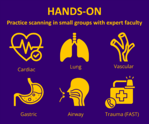 HANDS-ON practice scanning in small groups with expert faculty; icons: Cardiac, Lung, Vascular, Gastric, Airway, Trauma (FAST).